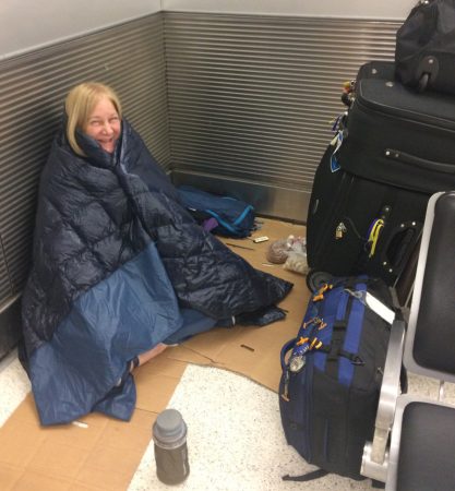 My "bed in Miami. HydraPack water. EagleCreek Hauler backpack and other people's luggage as a wall.