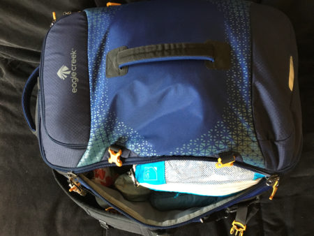 My Innate Fjord Folding Trekking umbrella tucked into its spot in my EagleCreek backpack.