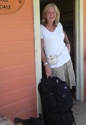 Traveler Deborah Shadovitz and her backpack during her travel on Roatan in Honduras
